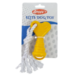 Yellow dog toy with white rope on a Groovy branded packaging