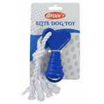 Blue dog toy with white rope on a Groovy branded packaging