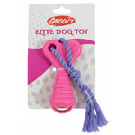 Pink dog toy with purple rope on a Groovy branded package