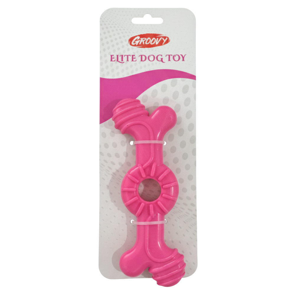 Pink dog toy with 'Groovy' branding on a white background