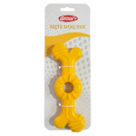 Yellow dog toy on aGroovy branded packaging with a white background