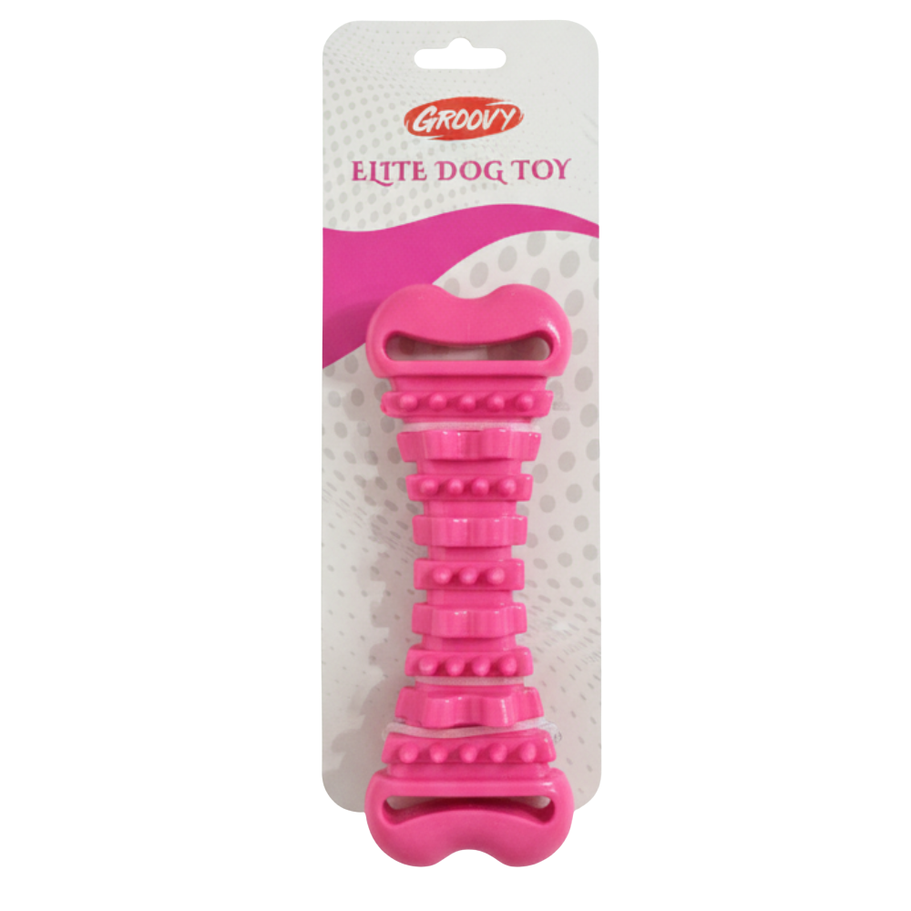 Pink dog toy with 'Groovy' branding on a white background