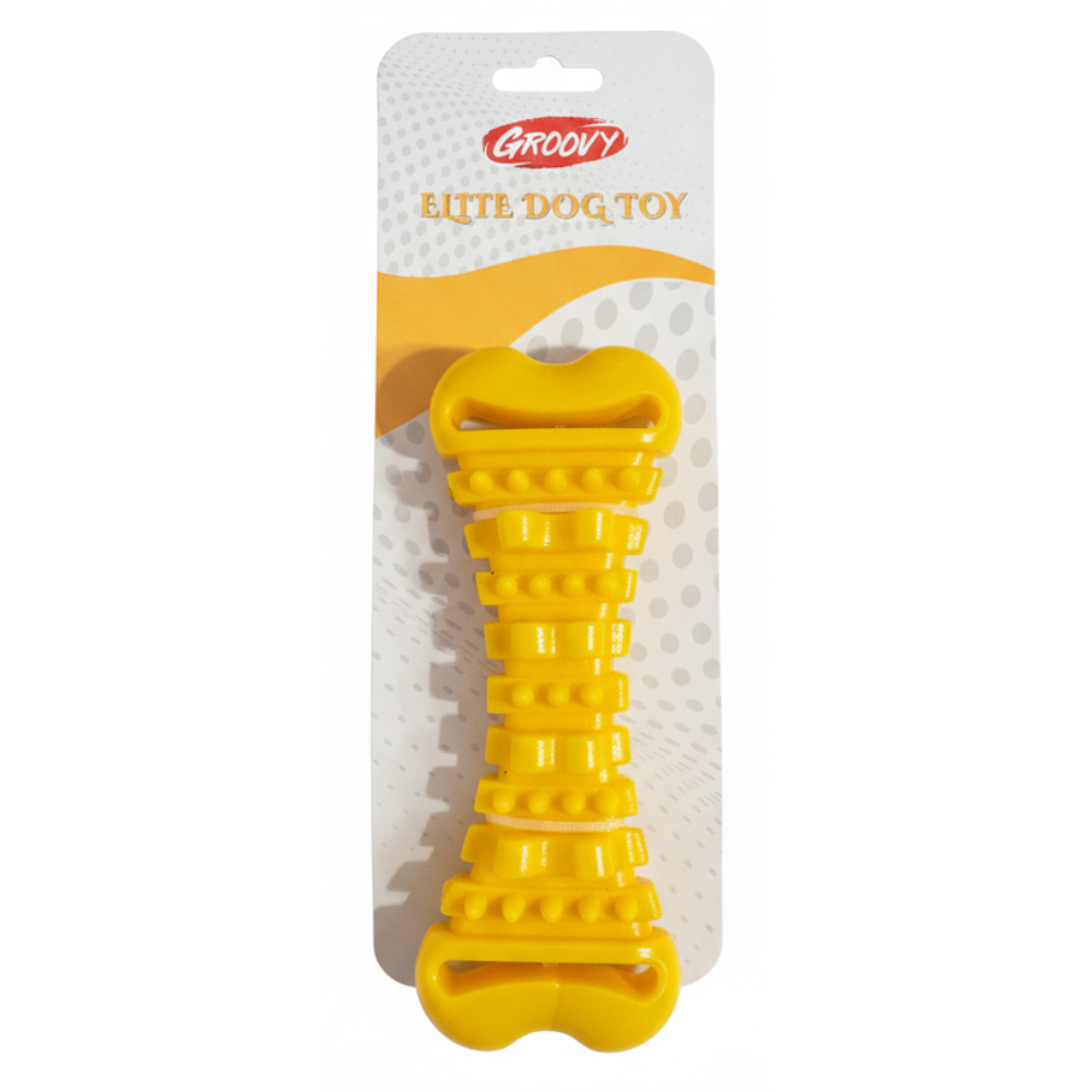 Yellow dog toy with textured surface on a white background