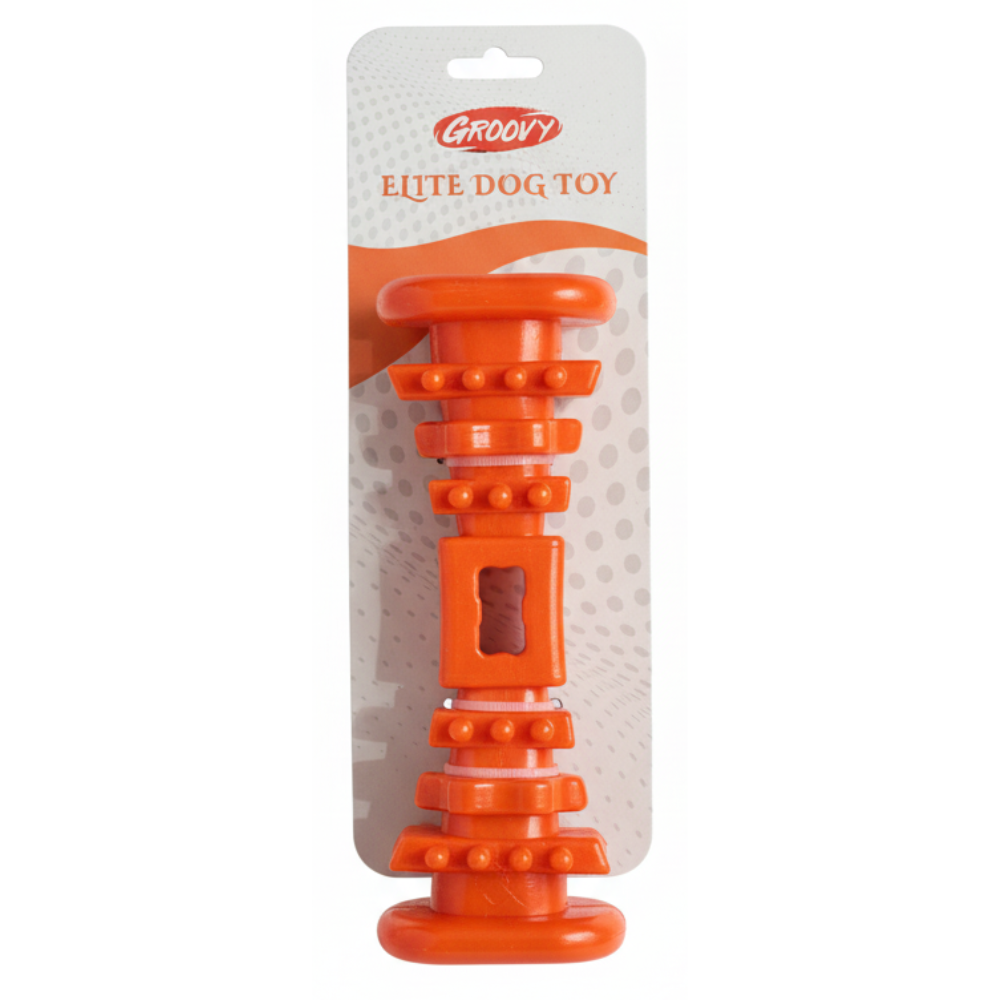 Orange dog toy with bumpy texture on a white background