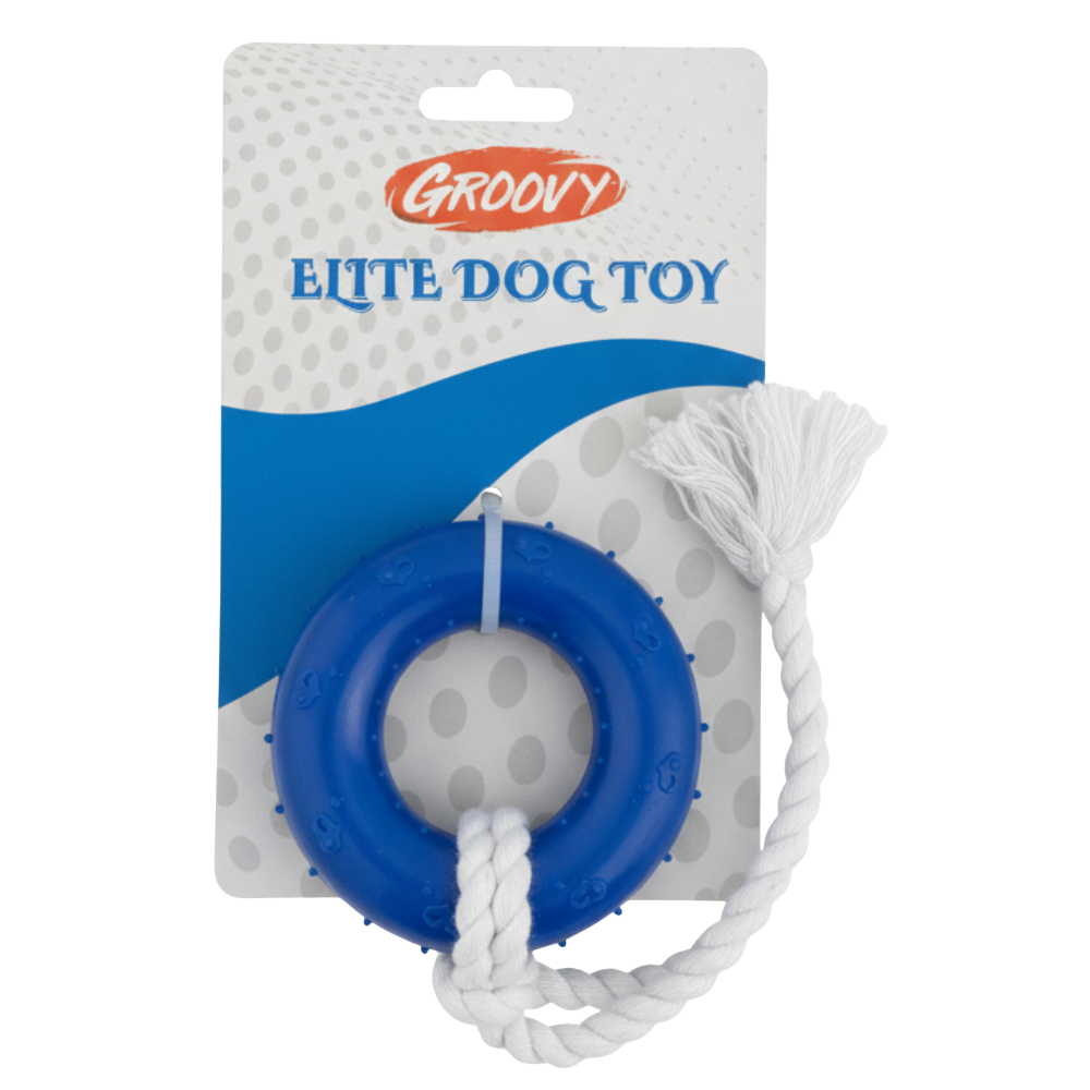 Blue dog toy with rope on a white background, featuring the brand 'Groovy'.