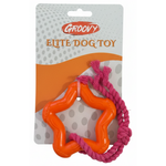 Orange dog toy with pink rope on a Groovy branded package