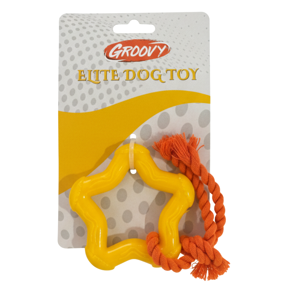 Yellow dog toy with orange rope on a Groovy branded package
