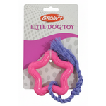 Pink dog toy with purple rope on a Groovy branded packaging