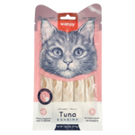Cat treat package with a pink background featuring a cat's face and text about the treats.