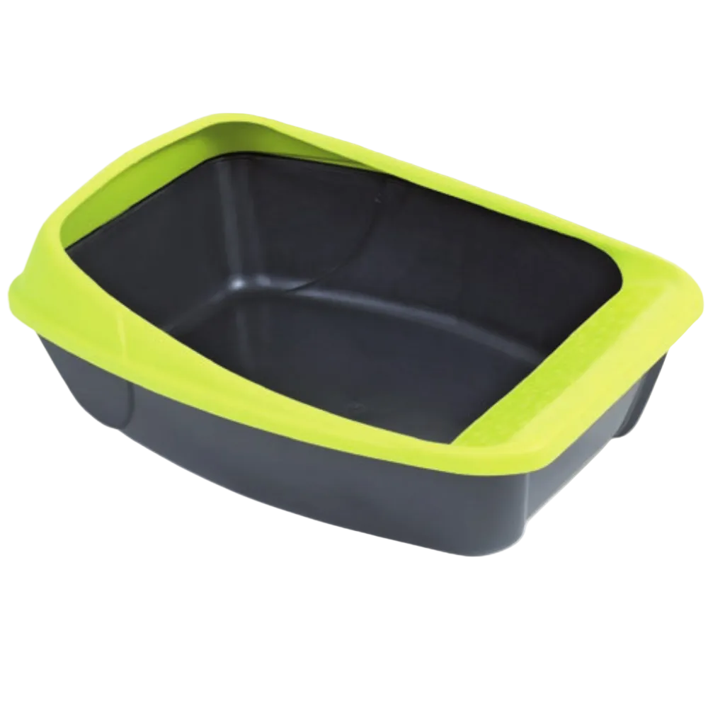 Black pet litter box with green rim on a white background