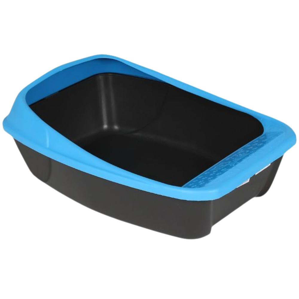 Black pet litter box with blue rim on a white background