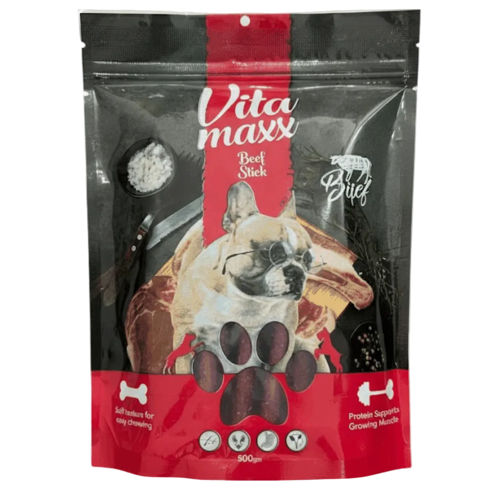 Vita Maxx Beef Stick packaging with a dog illustration on a white background