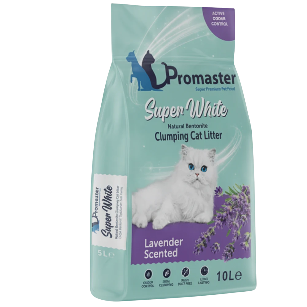 Promaster Super White Clumping Cat Litter bag with a white cat on a light green background