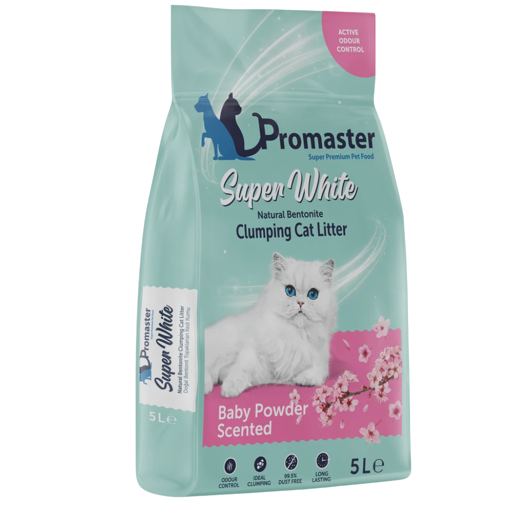 Promaster Super White clumping cat litter bag with a cat on the label