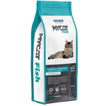 Cat food package with 'MyCat Fish' branding on a white background