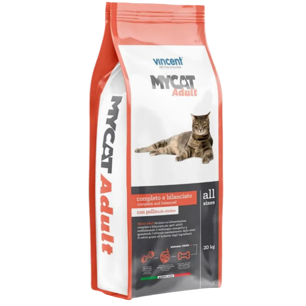 Bag of Vincent MyCat Adult cat food on a white background