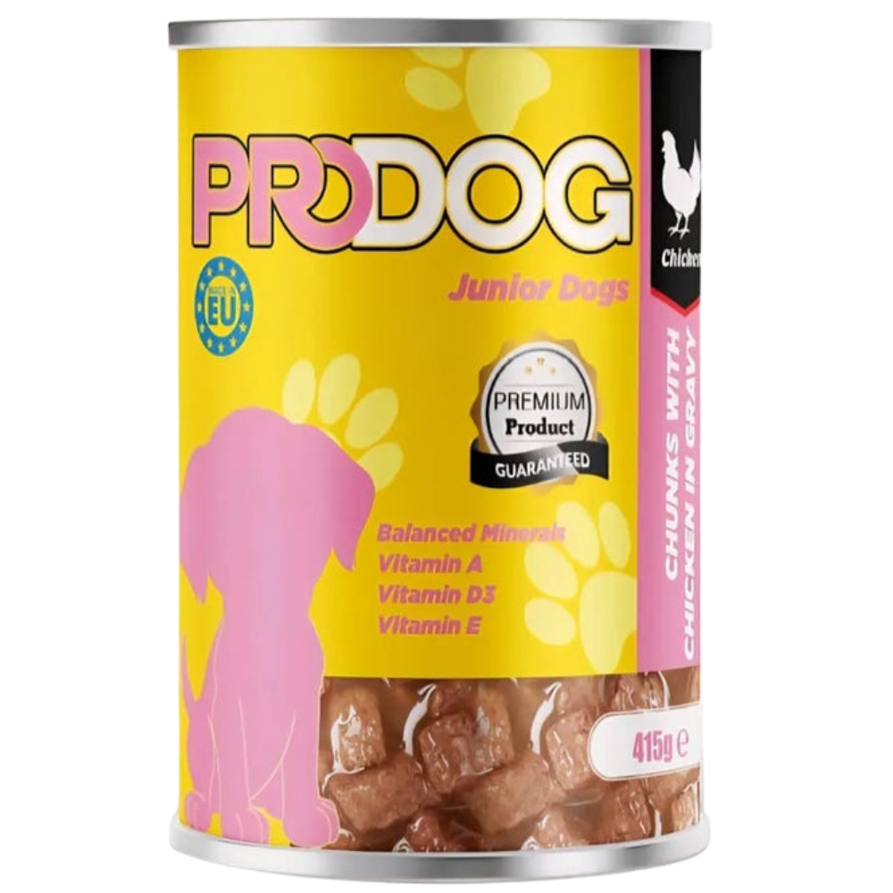 ProDog Junior Dogs canned food can with yellow label and pink dog silhouette
