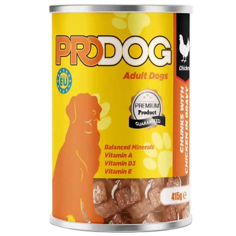 ProDog canned dog food with a yellow label on a white background