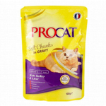 Procat cat food pouch with a yellow and purple design on a white background