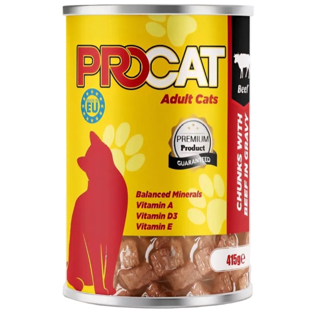 Can of ProCat adult cat food with yellow label and red silhouette of a cat.