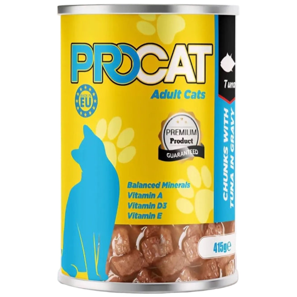 Can of Procat adult cat food with yellow label and blue silhouette of a cat.