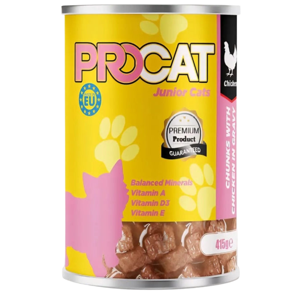 Procat Junior Cats canned food can with yellow label and cat illustration