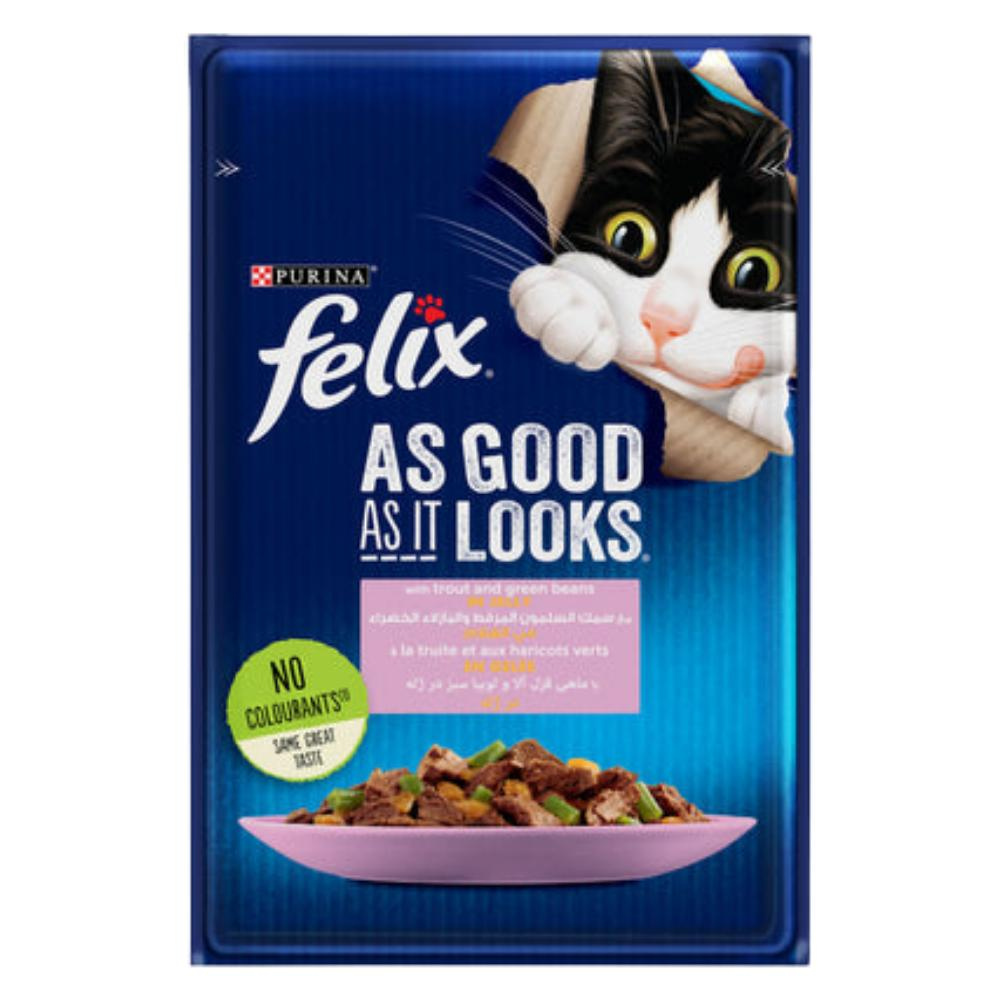 BUY 9 + 1 Felix with Trout and Green Bean Wet Cat Food Pouch 85g