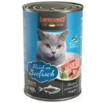 Can of Leonardo cat food with a gray cat on the label, featuring text 'Reich an Seefisch' and an image of fish.