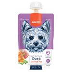 Wanpy dog food pouch with a purple background and a dog illustration on a white background