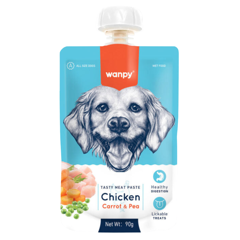 Dog food pouch with Wanpy branding and a blue background