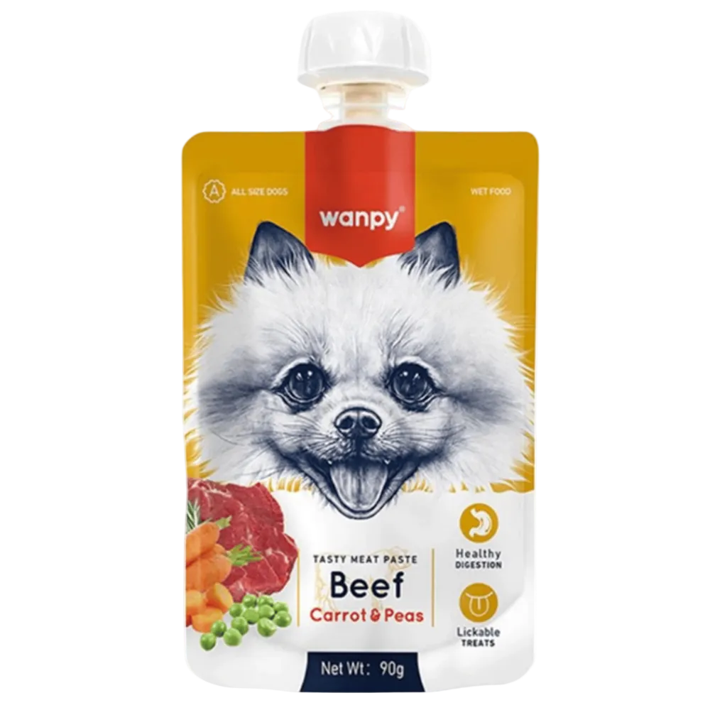 Dog food pouch with Wanpy branding and a picture of a dog on the label.
