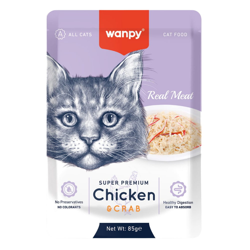 Wanpy cat food pouch with a kitten illustration on a white background