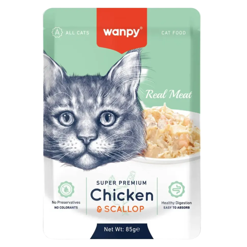 Wanpy cat food pouch with a cat's face on the packaging