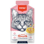 Wanpy cat food pouch with a pink background and cat illustration, featuring meat broth for tuna and shrimp.