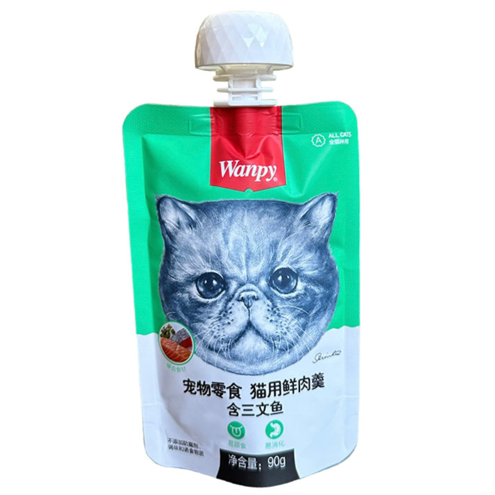 Cat food pouch with a brand logo on a white background