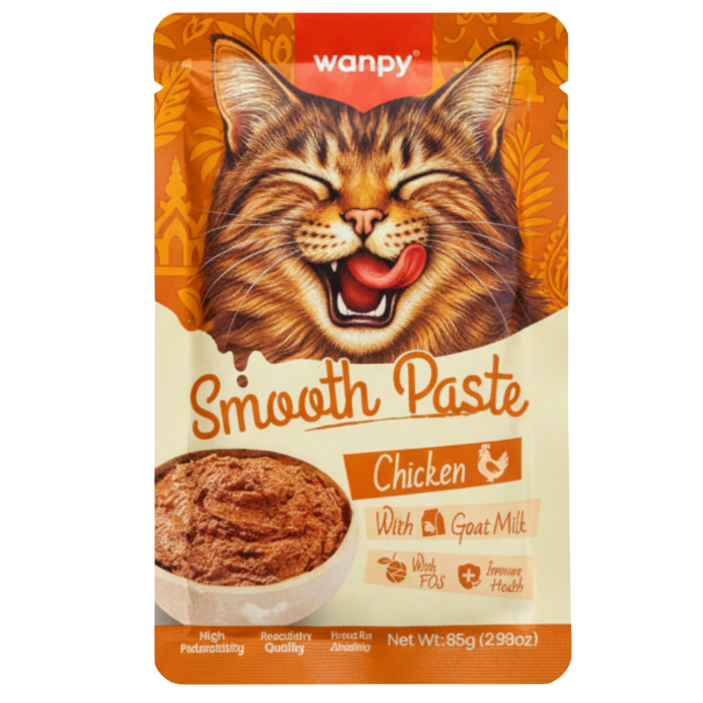 Wanpy Smooth Paste Chicken with Goat Milk cat food package on a white background