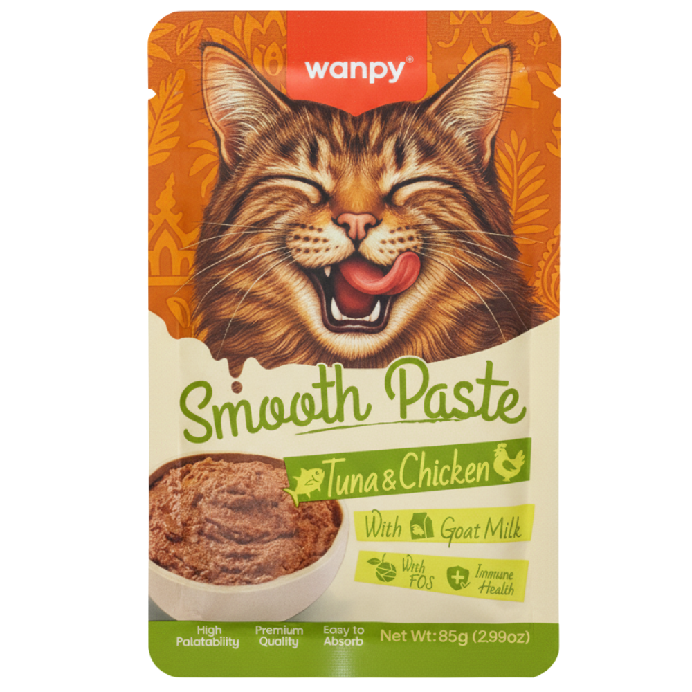 Wanpy cat food package with a smiling cat illustration on an orange background