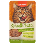 Wanpy cat food package with a smiling cat illustration on an orange background