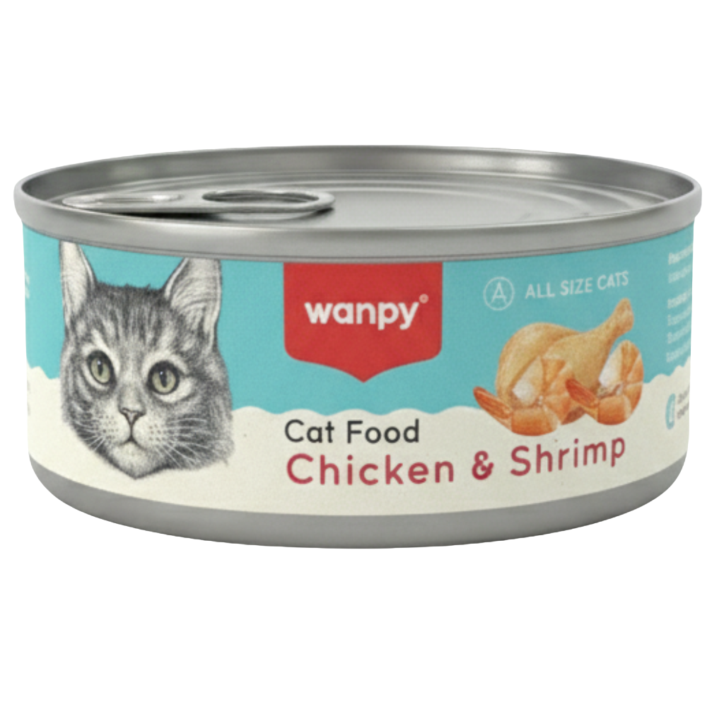 Canned cat food can with 'Wanpy' brand on a white background