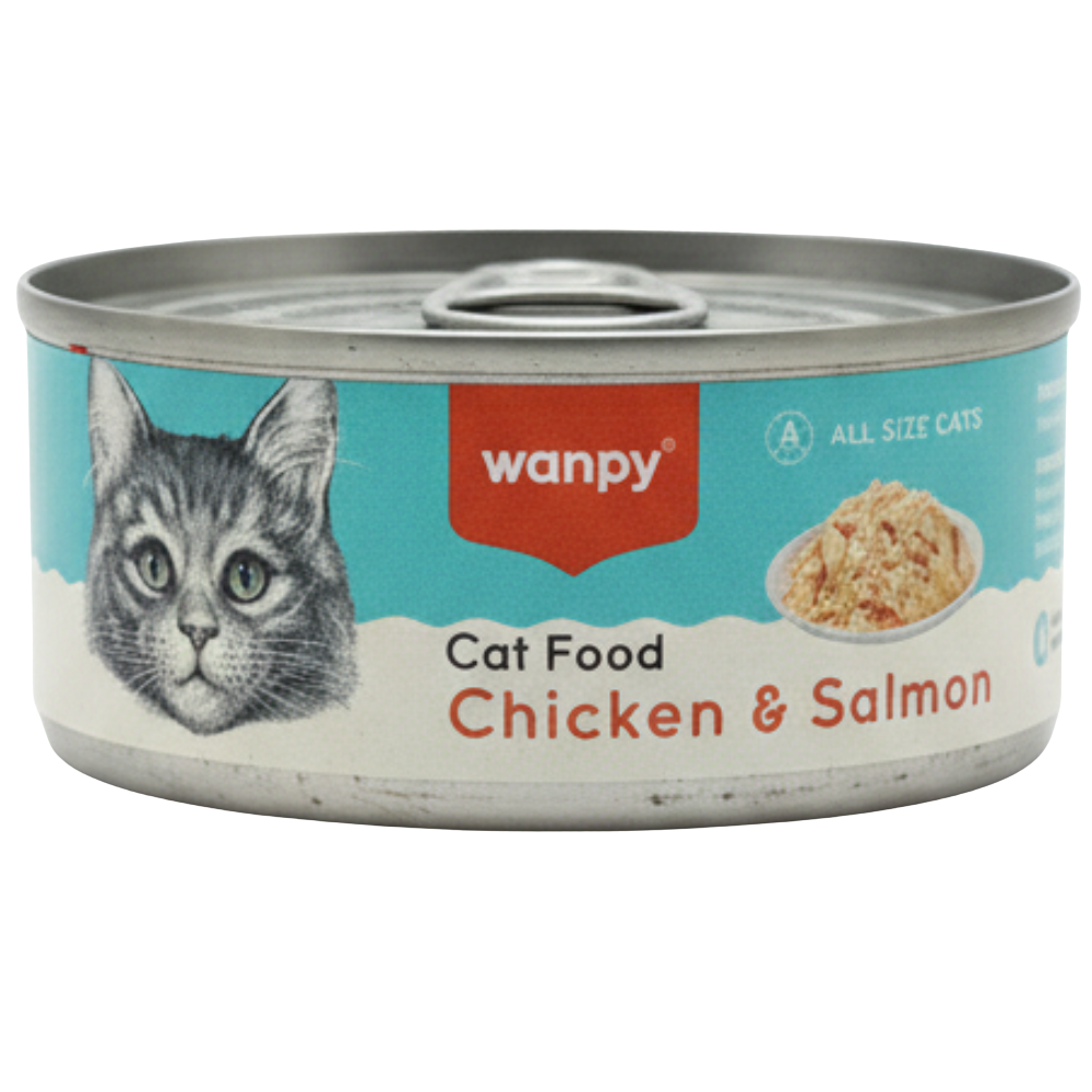 Canned cat food with 'wanpy' branding on a white background