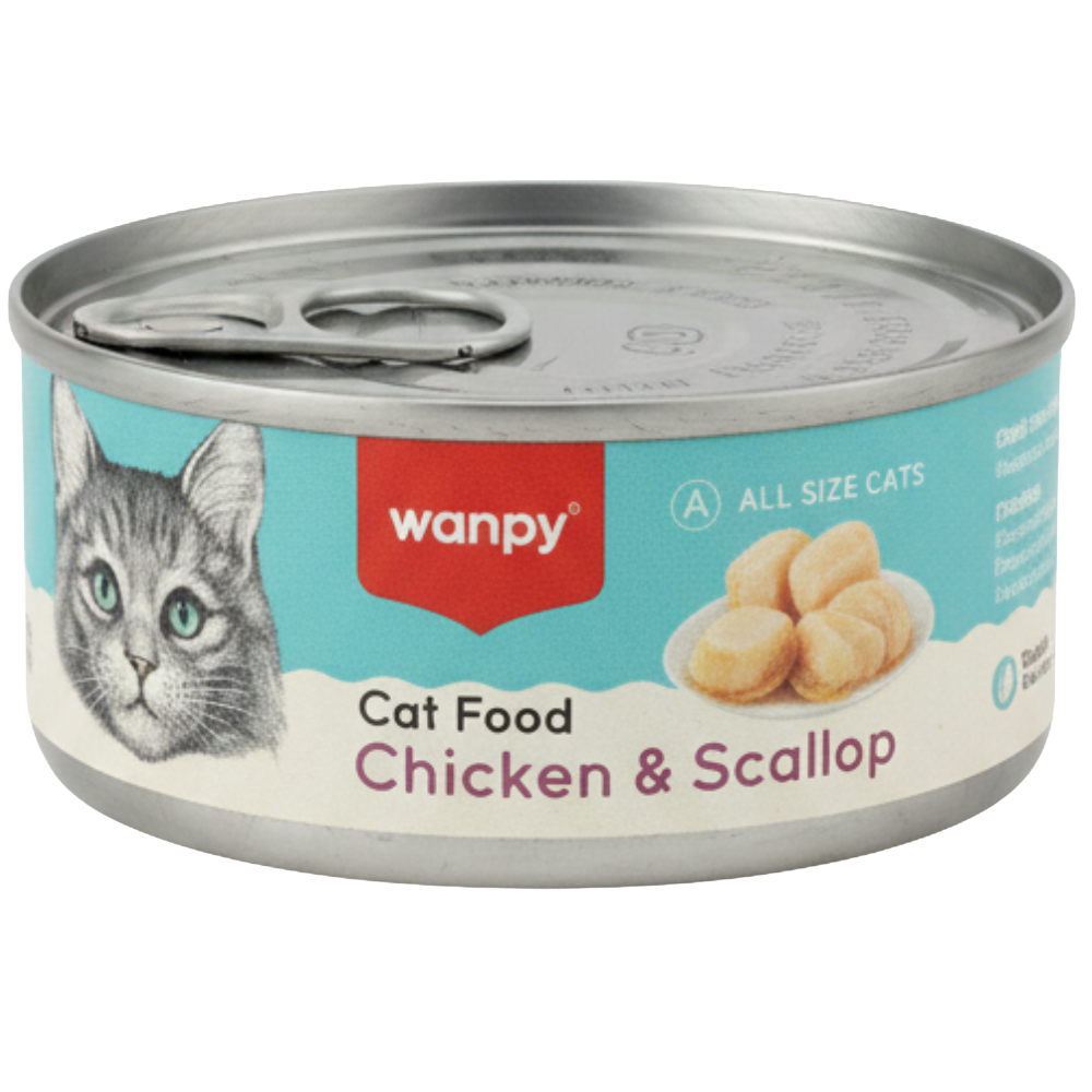 Can of wanpy cat food with chicken and scallop flavor on a white background