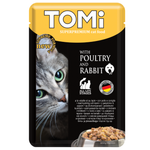 Tomi cat food package with a cat's face and food bowl on a white background