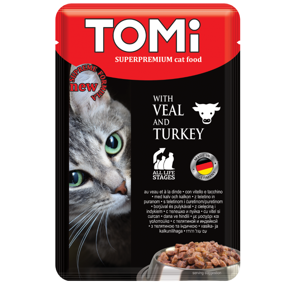 Tomi superpremium cat food package with a cat's face and food bowl on a white background