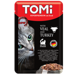 Tomi superpremium cat food package with a cat's face and food bowl on a white background