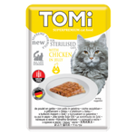 TOMi cat food package for sterilised cats with chicken in jelly on a white background
