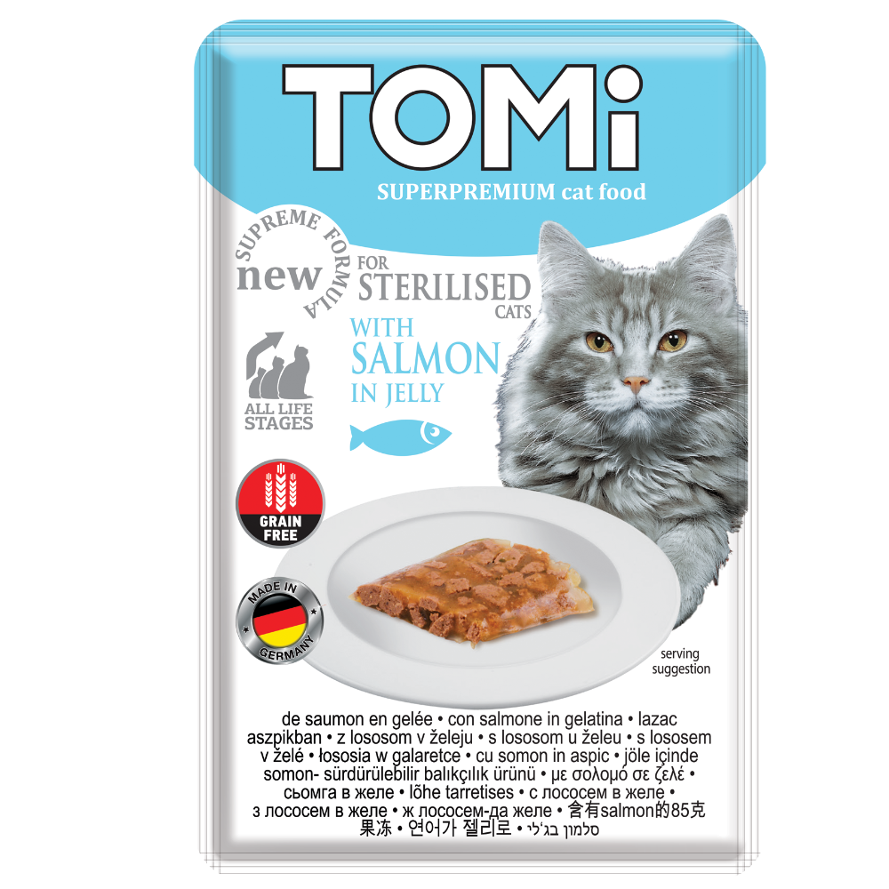 Tomi cat food package for sterilised cats with salmon in jelly on a white background