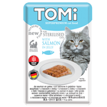 Tomi cat food package for sterilised cats with salmon in jelly on a white background