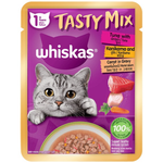 Whiskas Tasty Mix cat food packet with a purple background and cat illustration.