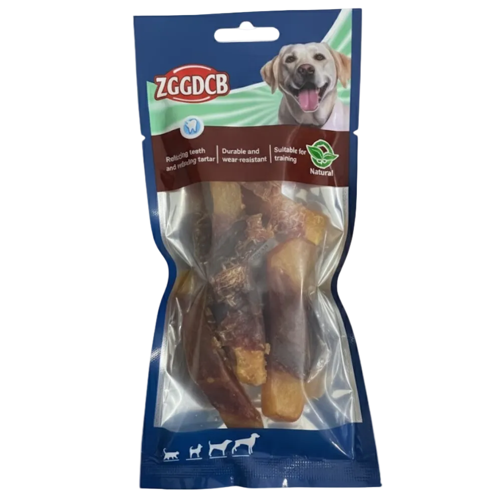 Packaged dog treats with ZGDCB branding on a white background