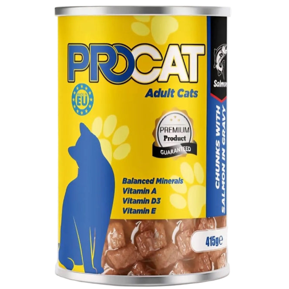Can of Procat adult cat food with yellow label and blue silhouette of a cat.